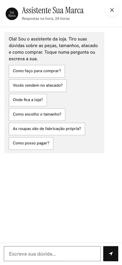 Assistente de dúvidas da loja respondendo na hora, com sugestões de perguntas