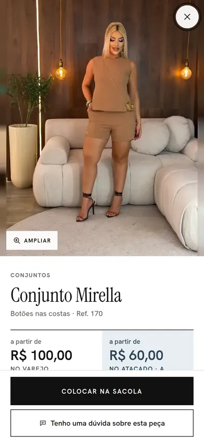 Página da peça: foto grande, nome, referência, cores, tamanhos e os preços de varejo e atacado