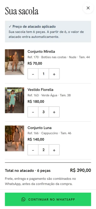 Sacola com 6 peças e o aviso de preço de atacado aplicado