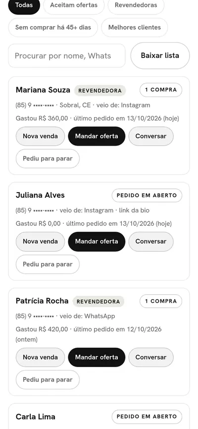Painel, aba Clientes: quantas clientes, quantas aceitam ofertas e a lista com Mandar oferta