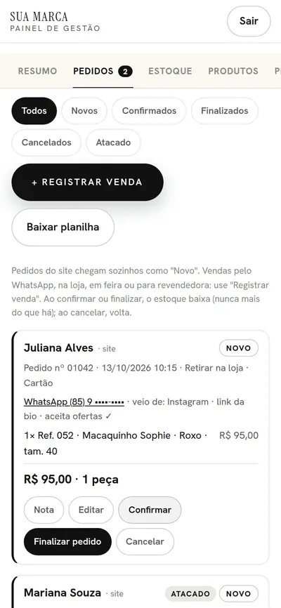 Painel, aba Pedidos: filtros, botão Registrar venda e um pedido novo com Confirmar e Finalizar pedido