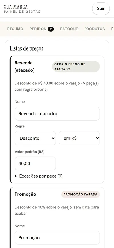 Painel, aba Preços: lista Revenda (atacado) com a regra de desconto e a Promoção